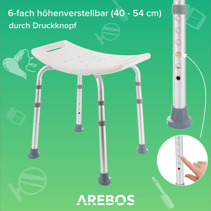 Arebos Shower Stool | Height-adjustable | Aluminum frame | Anti-slip rubber feet | Seat with safety handles | Shower aid | Shower chair | Shower seat | Bath stool | Bathtub seat | for seniors