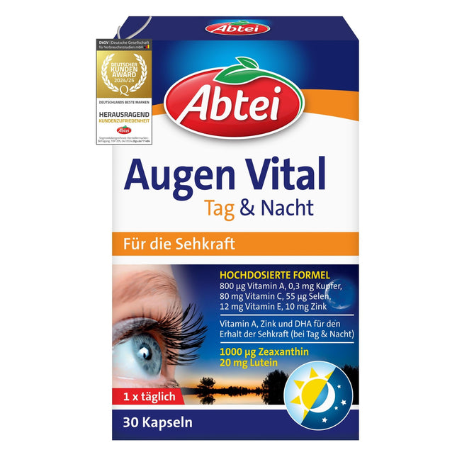 Abtei Eye Vital Day and Night - with vitamin A, lutein, DHA, and zeaxanthin - for the maintenance of vision - high dosage, gluten-free, lactose-free - 30 capsules