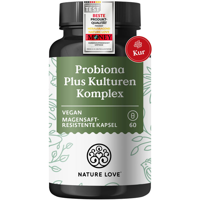 NATURE LOVE® Probiona PLUS - 120 billion CFU per daily dose (high-dose) - 20 bacterial strains + organic inulin - 60 gastro-resistant capsules - vegan, developed in Germany, branded raw material from Italy