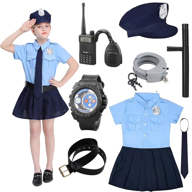 Policeman Costume for Children Policeman for Girls with Accessories Guns Police Handcuffs Walkie Talkie Cap Belt for Halloween Costume Cosplay Carnival Blue 150 cm