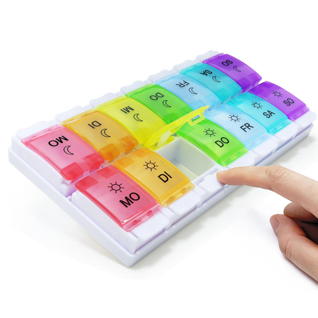 MOLN HYMY 7-Day Pill Box, 2 Compartments, Morning and Evening Pill Box, Large Capacity, BPA-Free, 14 Compartments, Push Button (Rainbow)