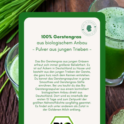 Organic Barley Grass Powder 500g | Finely ground barley grass powder | Certified organic quality | Perfect addition to smoothies, juices, golden milk, moon milk, etc. | Herzlich Natur