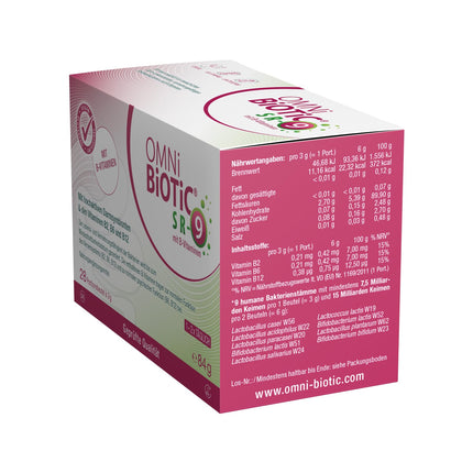 OMNi BiOTiC SR-9 with B vitamins | 28 servings (84g) | 9 bacterial strains | 15 billion bacteria per daily dose | Powder | Vegan | Gluten-free | Lactose-free | For daily use