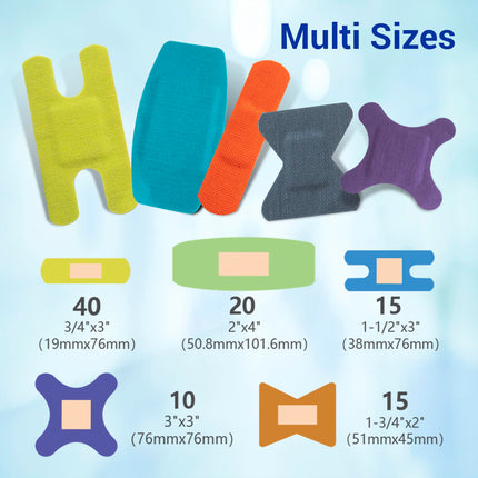 Ourmed Universal Plaster Wound Plasters - Flexible fabric bandages and non-stick bandages, latex-free, for cuts, scrapes, blisters, various sizes, bright colors, 100 strips