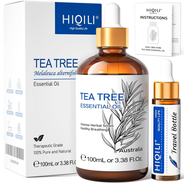 HIQILI 100ml Tea Tree Oil, 100% Pure Natural Tea Tree Oil for Diffuser, Pimples, Skin, Nails, Includes Travel Bottle