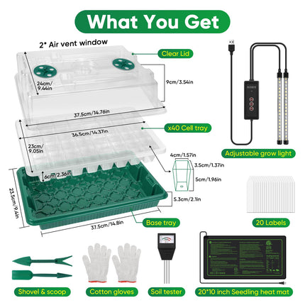 3-in-1 Seedling Starter Trays with Grow Light, Heat Mat, Soil Meter Set, 40 Cells Seedling Tray with Humidity Dome for Indoor Plant