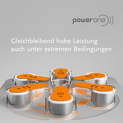 Power one hearing aid batteries type 13 orange, 60 batteries, storage pack, wireless approved, size p13 for hearing aids and hearing aids, high hearing level, mercury-free, Made in Germany