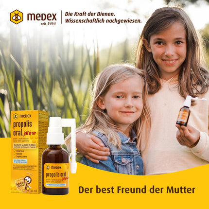 Medex Propolis Oral Junior, propolis spray, mouth and throat spray, water-based, alcohol-free; with added honey, sage, niacin, and spruce tips, with applicator, for children 3 years and older, 30 ml