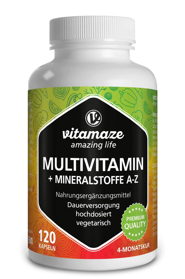 Multivitamin capsules with high dosage, 23 valuable vitamins AZ &amp; minerals, 120 vegetarian capsules for 4 months, vital substances &amp; trace elements optimally combined