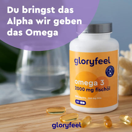 Omega 3 capsules - Highly dosed with 2000mg fish oil, 1000mg EPA &amp; 500mg DHA per daily dose (in triglyceride form) - Essential fatty acids from anchovies - Laboratory-tested and made in Germany