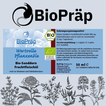 BioPräp ORGANIC Sea Buckthorn Oil from the Pulp | 50 ml | vegan and organic | cold-pressed | produced in Germany | certified production
