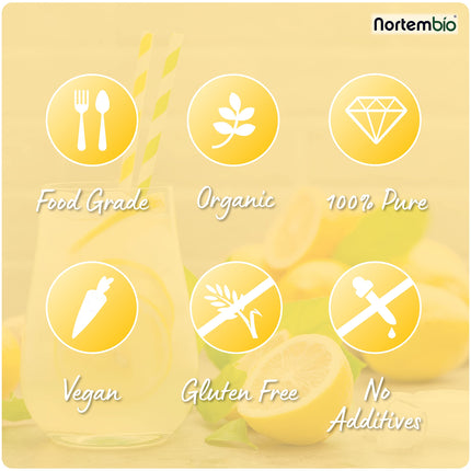 Nortembio Organic Citric Acid Powder 850 g. Food-grade, 100% pure. Acidifier and preservative for cooking and baking. E-book with recipes included.