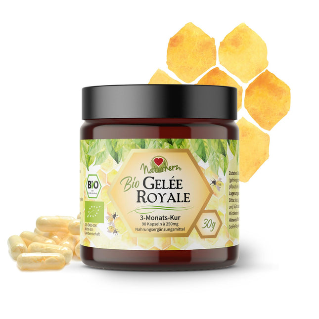 Organic Royal Jelly Capsules from Naturherz | 100% Royal Jelly Powder | NO additives | 90 Veggie Capsules in a practical brown glass jar