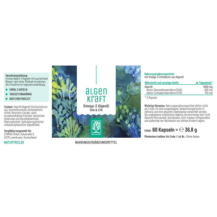 NATURTREU® Algenkraft - Omega 3 Vegan from algae oil – 1000mg Omega 3 algae oil from sustainable cultures – Microalgae oil with a high dose of DHA &amp; EPA in the optimal ratio – Laboratory-tested