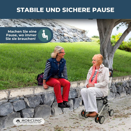 Mobiclinic®, Shopping Trolley Rollator, Walker with Large Shopping Bag and Seat, 21L, Foldable, Lightweight, Shopping Cart, Double Brake System, Walking Aid, Made of Steel, Stable