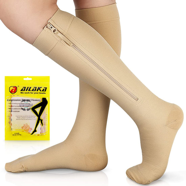 Ailaka Compression Socks with Zipper for Women Men, 20-30 mmHg Medical Class 2 Compression Socks Support Stockings with Zipper for Varicose Veins, Edema, Recovery, Pregnant Women