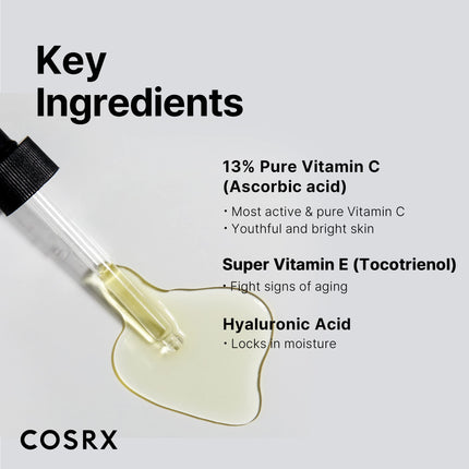 COSRX Pure Vitamin C 13% Serum with Vitamin E &amp; Hyaluronic Acid, Brightening &amp; Hydrating Facial Serum for Fine Lines, Uneven Skin Tone &amp; Dull Skin, 0.67fl.oz/20ml, Animal Testing-Free, Korean Skincare