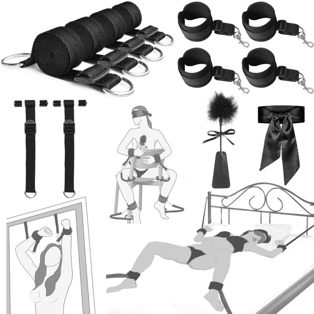 BDSM bondage sex toys for couples extreme sex, hanging door cuffs toy with adjustable bed cuffs handcuffs ankle cuffs feather whip and blindfold erotic bondage set for beginners