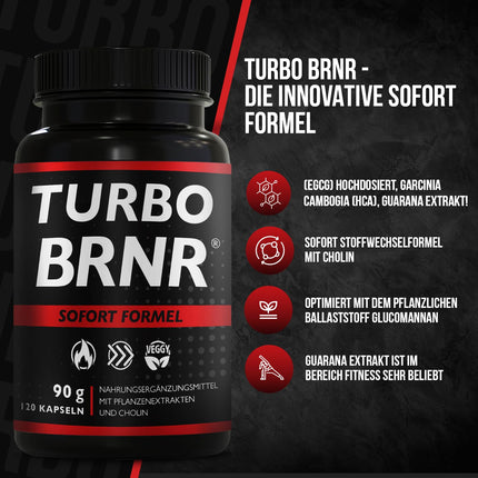 BRNR TURBO BRNR Instant Metabolism Formula with Choline, Green Tea Extract, Glucomannan, Garcinia Cambogia, Guarana, 120 Capsules