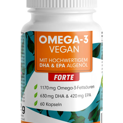 Omega-3 vegan FORTE - 60 capsules - 2000 mg algae oil per day - high dose with 630 mg DHA + 420 mg EPA - vegan Omega-3 algae oil capsules - DHA:EPA ratio 3:2 - laboratory-tested with certificate of analysis