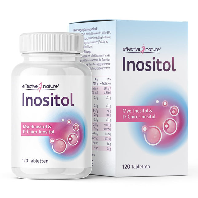 Effective Nature Inositol Tablets – Myo- &amp; D-Chiro-Inositol in the optimal ratio – with 400 µg folic acid per daily dose – Vegan &amp; without additives – 120 Tablets