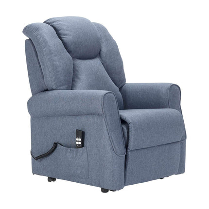 Sime FR-1 ADJUSTABLE electric recliner with vibrating massage. Combined backrest and footrest inclination. 4 wheels move the user. Non-deformable seat, dirt-repellent, stand-up aid. Denim Blue.