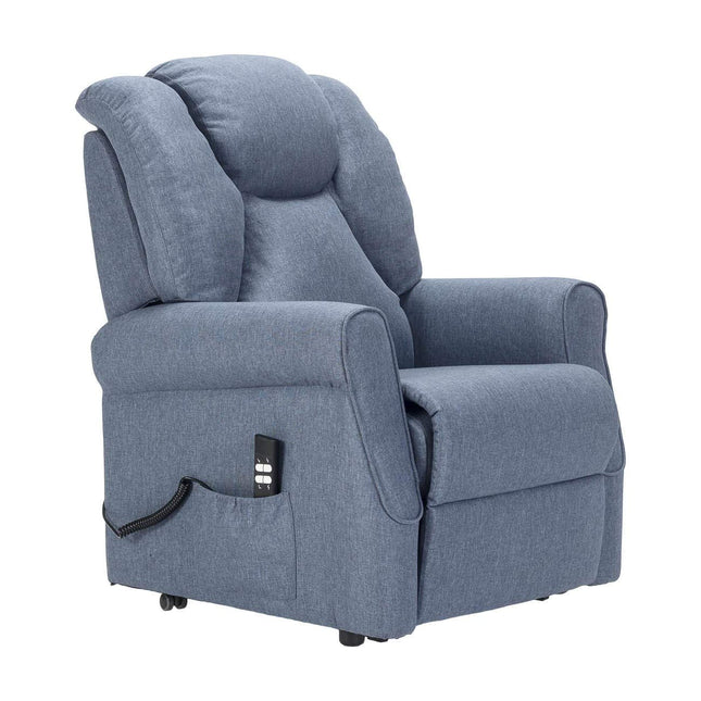 Sime FR-1 ADJUSTABLE electric recliner with vibrating massage. Combined backrest and footrest inclination. 4 wheels move the user. Non-deformable seat, dirt-repellent, stand-up aid. Denim Blue.