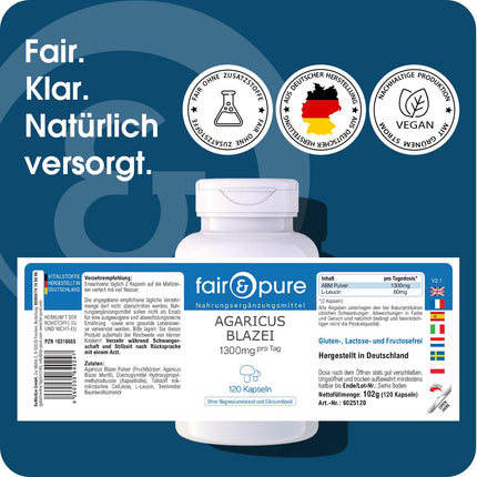 Fair &amp; Pure® - Agaricus Blazei 1300mg - 120 Capsules - ABM - Agaricus Blazei Murill - Medicinal Mushroom - Vegan - Natural - Without Magnesium Stearate