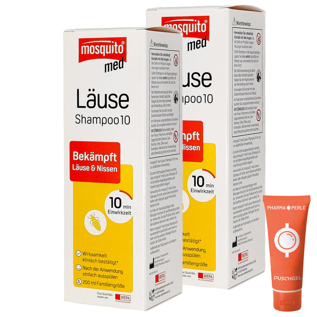 Mosquito med Lice Shampoo 10, 2 x 200 ml | Combats head lice and nits | Practical application | Lice remedy | Family size | Value pack plus Pharma Perle giveaway (2 x 200 ml)