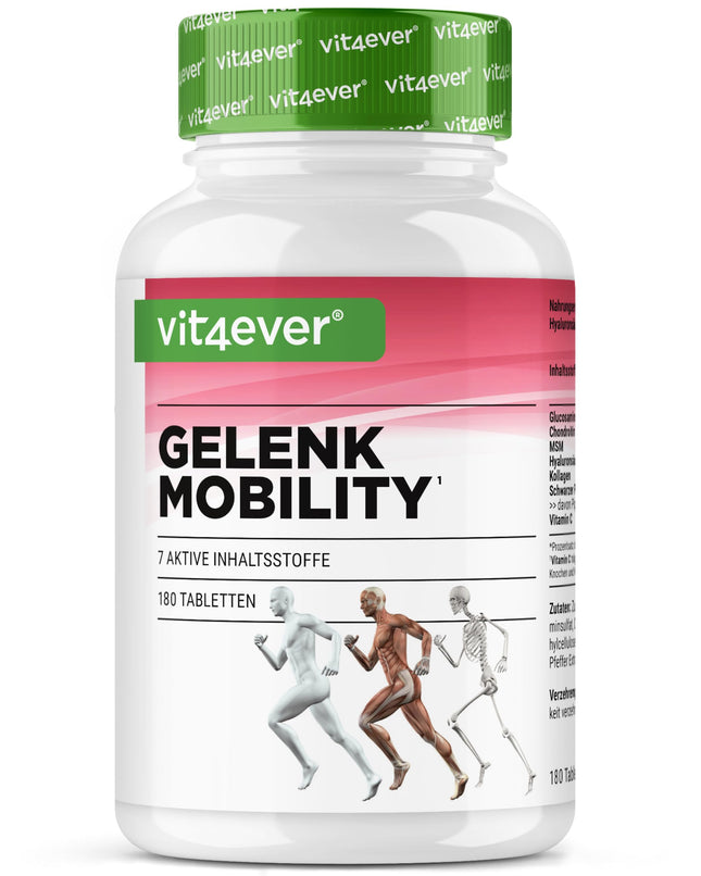 Joint Mobility - 180 tablets - High dose with 7 active ingredients: Glucosamine + Chondroitin + MSM + Hyaluronic Acid + Collagen + Vitamin C + Black Pepper Extract