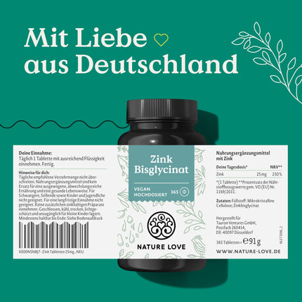 NATURE LOVE® Zinc - 365 Tablets (1 Year) - High Dose (25mg): Zinc Bisglycinate - Highly Bioavailable Zinc - Vegan, Laboratory Tested, Developed in Germany