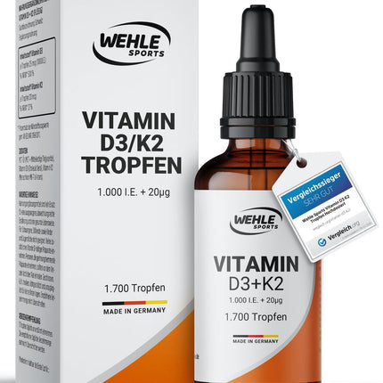 Vitamin D3 K2 Drops High Dose [1000 IU] - Vit D3 K2 High Dose - Vitamin D K2 - Vitamin D3 K2 Oil - Vitamin D3 K2 1000 IU - 50ml 1700 Drops - Highly Bioavailable - LABORATORY TESTED Wehle Sports®