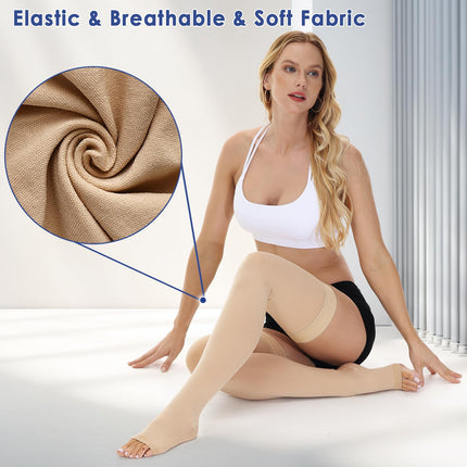 beister 15-20 mmHg Medical Compression Stockings for Women Men, Open Toe Long Compression Socks with Silicone Band, Class 1 Thigh Support Stockings for Varicose Veins, Edema, DVT, Flight