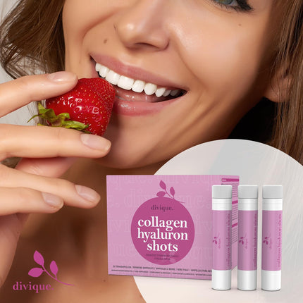 Divique Collagen Drinking Ampoules with Hyaluronic Acid (30 pcs.) - 4,000mg Collagen + 100mg Hyaluronic Acid - with Vitamin C, Biotin, Zinc, Copper, Selenium - sweetened with blossom honey &amp; Stevia - Strawberry Flavor