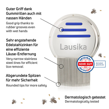 Lausika lice comb, a metal nit comb with extra-close teeth. For children and adults with head lice and nits.