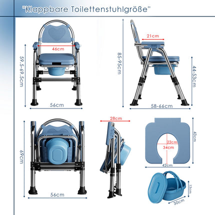 Toilet chair for seniors, portable shower wheelchair, height-adjustable, toilet chair with padded seat and toilet bucket, foldable shower chair, stable, load capacity 200 kg (CY-KJ6201)