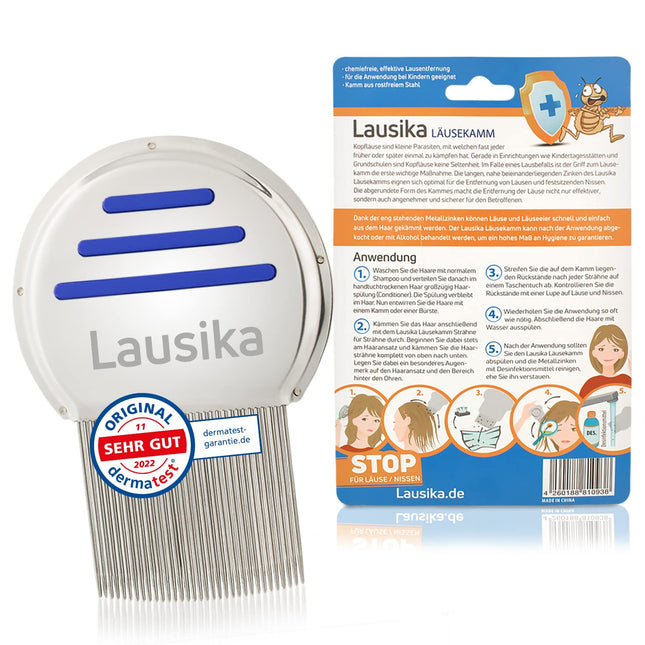 Lausika lice comb, a metal nit comb with extra-close teeth. For children and adults with head lice and nits.