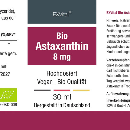 Organic Astaxanthin Drops, 8mg Astaxanthin per daily dose, High Dose &amp; Vegan - 100% Natural Astaxanthin - High Bioavailability - Laboratory Tested, 30 ml