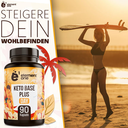 Keto Base Plus Day - Daily Keto Complex - 90 vegan capsules - with ginger, green tea extract, cayenne pepper, and caffeine - popular with athletes and fitness enthusiasts - vegan, gluten-free, and lactose-free