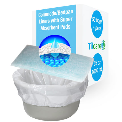 Tilcare Toilet Liners with Super Absorbent Liners 50 Pack - For Bedpans, Portable Toilets and Commode Chairs - Bucket Liners for Hospital &amp; Home - Absorbs up to 1000ml