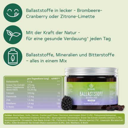 BitterLiebe Fiber Powder with Blackberry Flavor - Mix of ground psyllium husks, inulin (prebiotics), apple fiber, and acacia fiber - Multi Fiber Complex, the perfect intestinal cleanse - 300g
