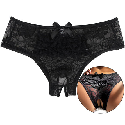 ohyeahlady String Thong Women's Sexy Lingerie Open Crotch Lace Briefs Large Sizes Panty Hipster Panties Ouvert Underwear Soft Floral Hole Underpants Black, M