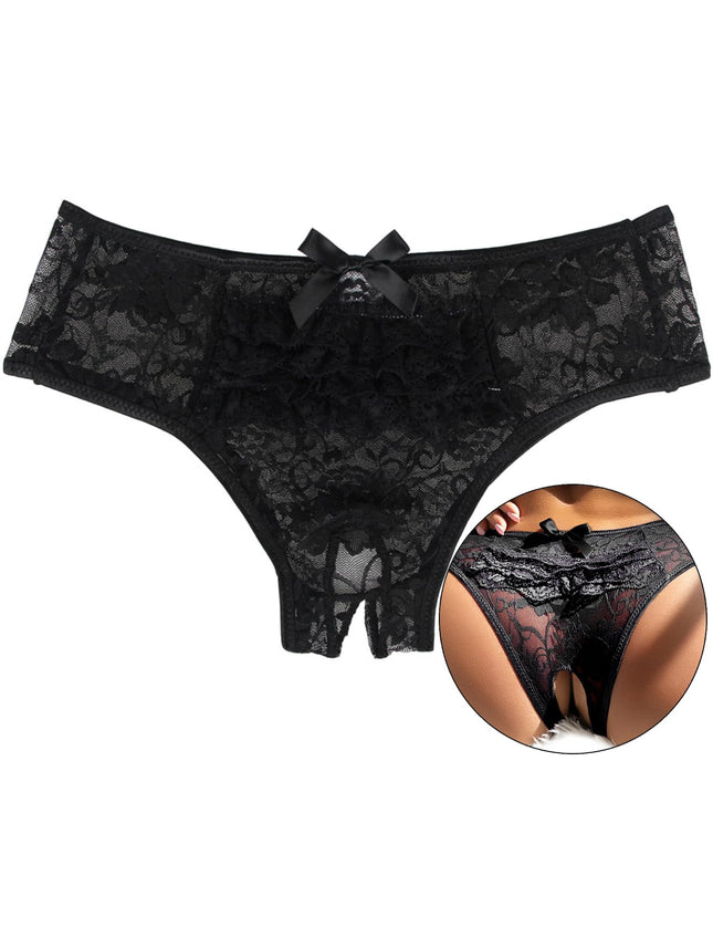 ohyeahlady String Thong Women's Sexy Lingerie Open Crotch Lace Briefs Large Sizes Panty Hipster Panties Ouvert Underwear Soft Floral Hole Underpants Black, M