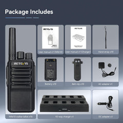 Retevis NR610 Two-Way Radio, Walkie Talkie with Intelligent AI Noise Cancellation, 10-in-1 Charger, Efficient Charging, Two-Way Power Supply, Two-Way Radio for School, Factory (10 PCS, Black)