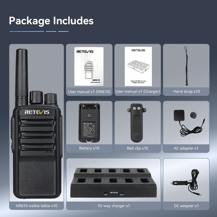 Retevis NR610 Two-Way Radio, Walkie Talkie with Intelligent AI Noise Cancellation, 10-in-1 Charger, Efficient Charging, Two-Way Power Supply, Two-Way Radio for School, Factory (10 PCS, Black)