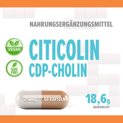 Citicoline CDP Choline 250mg 60 Vegan Capsules, Laboratory Tested, High Strength, No Fillers or Bulkers, Non-GMO