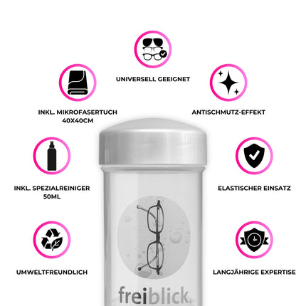 Freiblick eyeglass cleaning solution (grey) in a set with 50ml special cleaner and microfiber cloth | Eyeglass cleaning cloth in optician quality | Eyeglass cleaning for all types of glasses