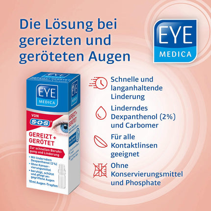 EyeMedica Irritated + Reddened, eye drops to soothe the symptoms of strained eyes, care for reddened, irritated, and dry eyes, suitable for contact lens wearers, 1 x 10 ml