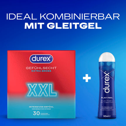 Durex Feeling XXL Condoms – Thin condoms with a large fit &amp; moistened with silicone lubricant, transparent, pleasant smell – for a comfortable fit – 30-pack (1 x 30 pieces)
