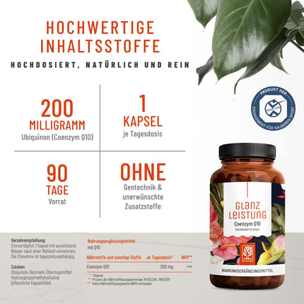NATURTREU® Glanzleistung - Coenzyme Q10 capsules with a high dose of 200 mg per capsule - 90 vegan capsules for 3 months - pure ubiquinone from plant fermentation